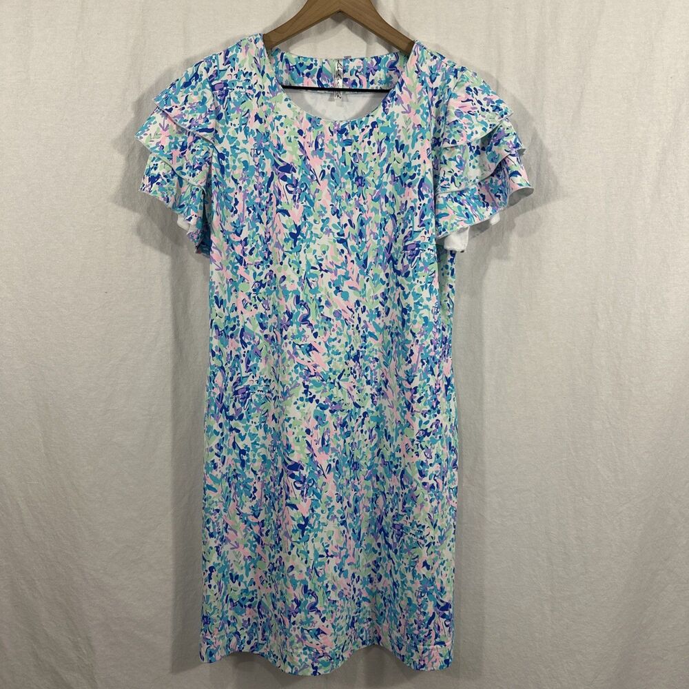 Lulu-B Colorful Cha Cha Ruffle Sleeve Shift Dress Womens Sz S Artsy Resortwear